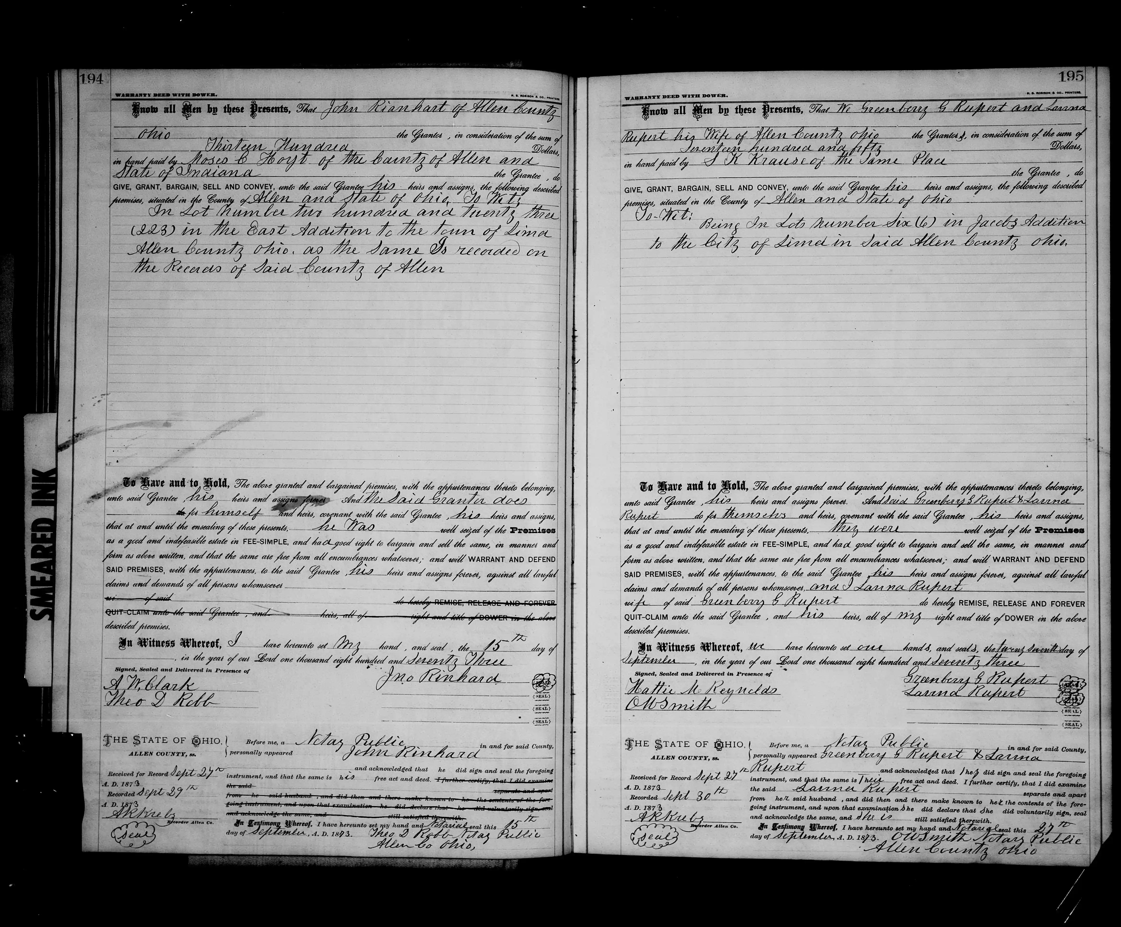 Greenberry G. Rupert & Lavina Rupert Jacobs Addition, Lima, Ohio Inlot Sold To S. K. Krause, 09-27-1873